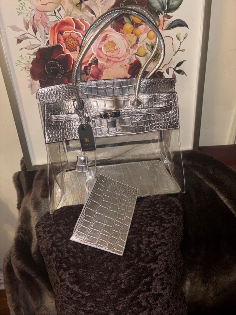 Silver Croc-Embossed Clear Tote with Matching Pouch